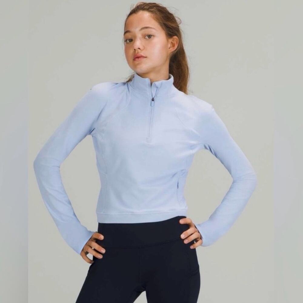 Lululemon Rulu Cropped Half Zip Running Top – Blue Linen – Size 12